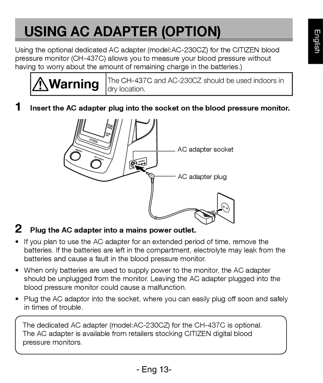 Citizen REF CH-437C instruction manual Using AC Adapter Option 