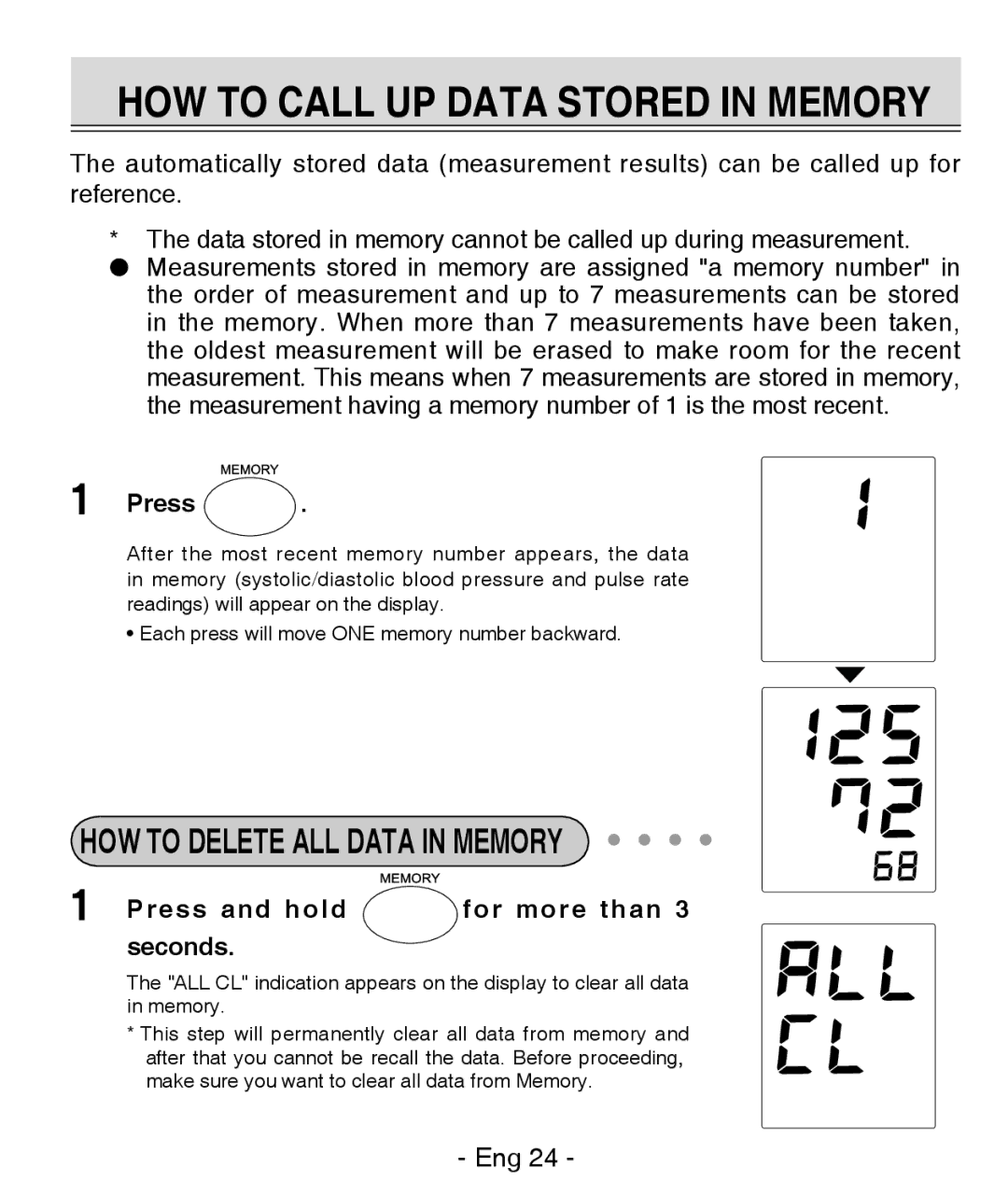 Citizen REF CH-437C instruction manual HOW to Call UP Data Stored in Memory, Press and hold For more than Seconds 