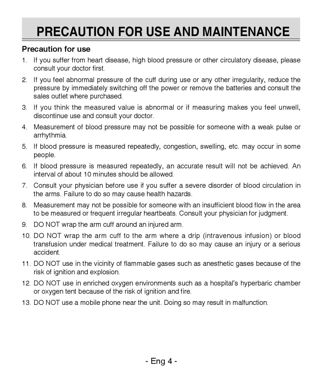 Citizen REF CH-437C instruction manual Precaution for USE and Maintenance, Precaution for use 