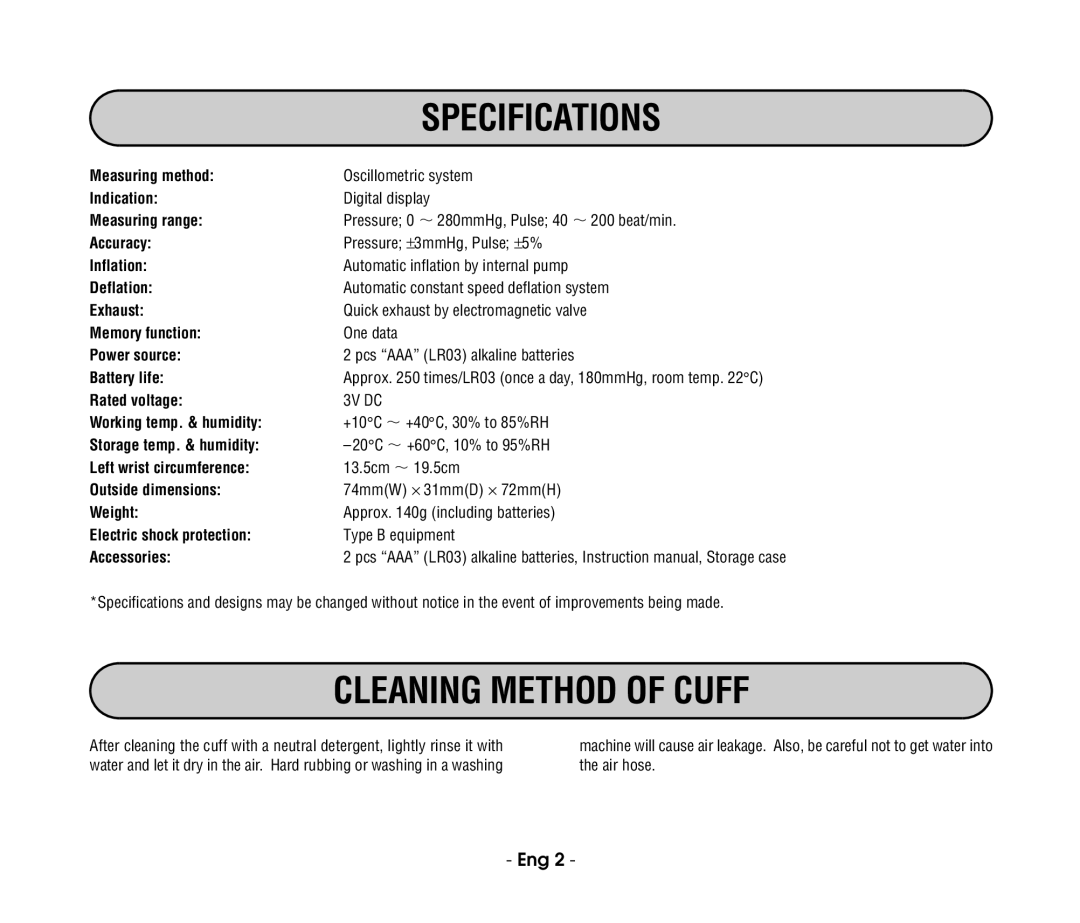 Citizen refch-60-2b instruction manual Specifications, Cleaning Method of Cuff 