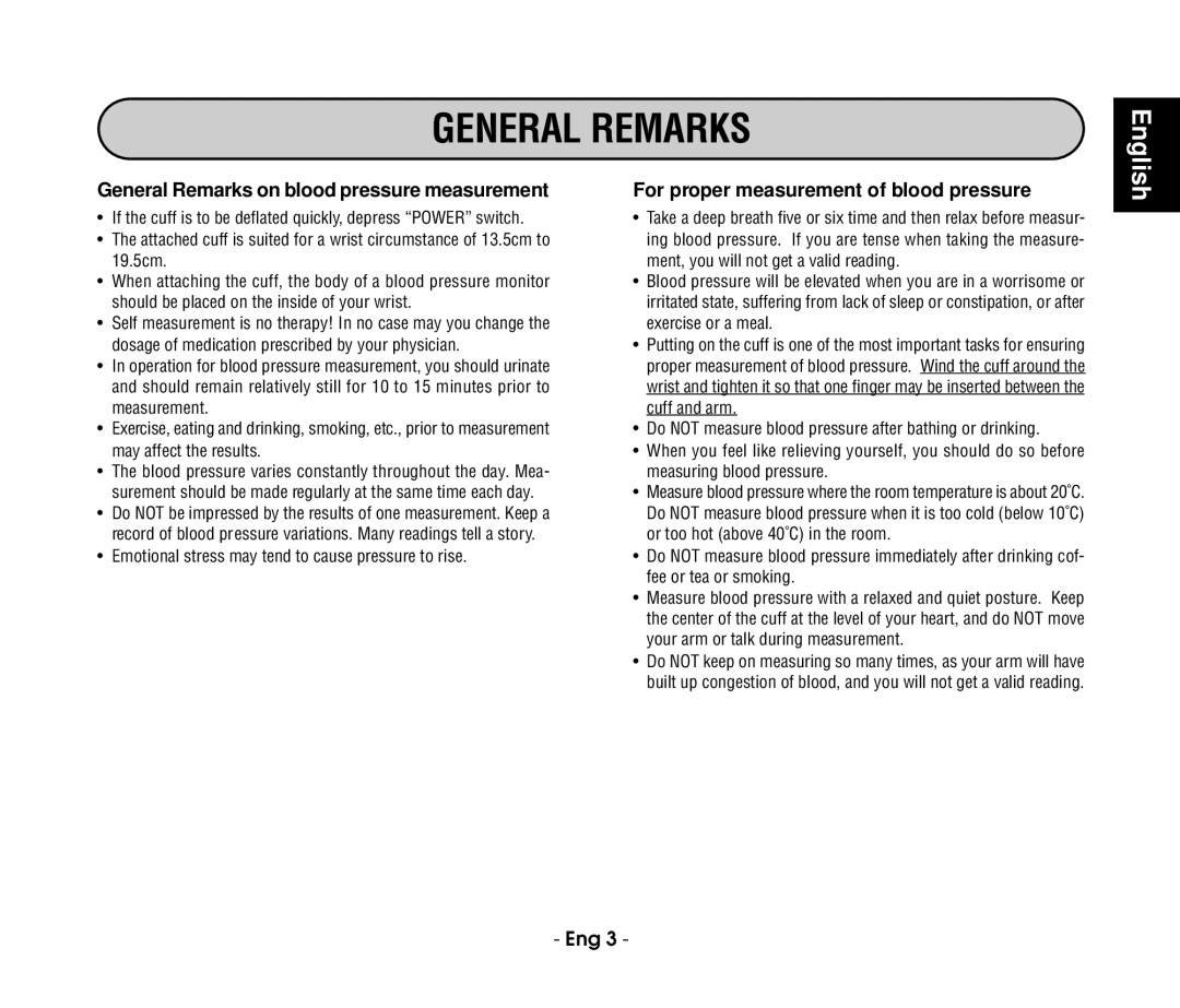 Citizen refch-60-2b General Remarks on blood pressure measurement, For proper measurement of blood pressure 