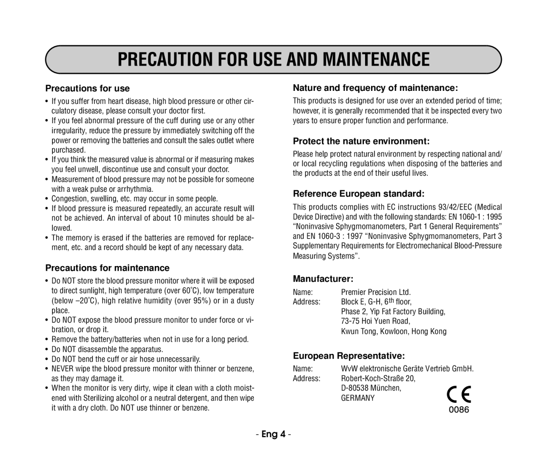 Citizen refch-60-2b instruction manual Precaution for USE and Maintenance 