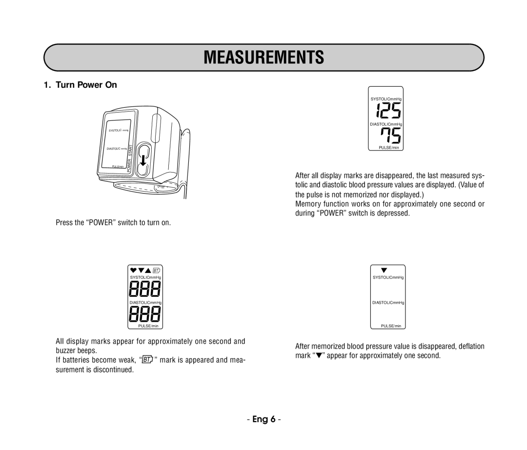 Citizen refch-60-2b instruction manual Measurements, Turn Power On 