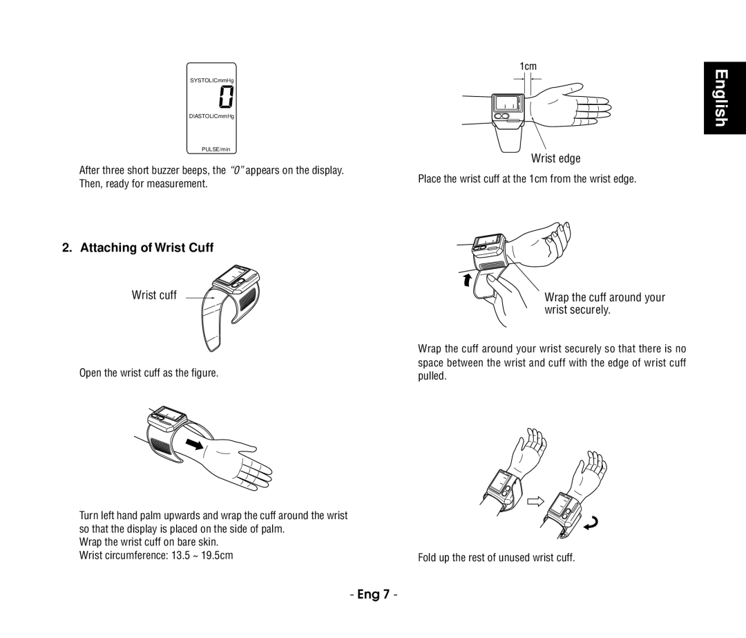 Citizen refch-60-2b instruction manual Attaching of Wrist Cuff, Open the wrist cuff as the figure 