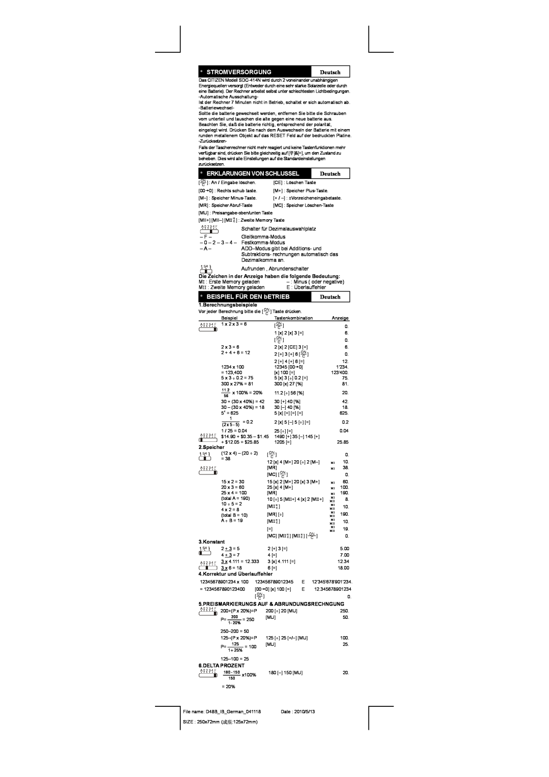 Citizen SDC-414N manual Stromversorgung, Deutsch, BEISPIEL FÜR DEN bETRIEB, Erklarungen Von Schlussel, Berechnungsbeispiele 