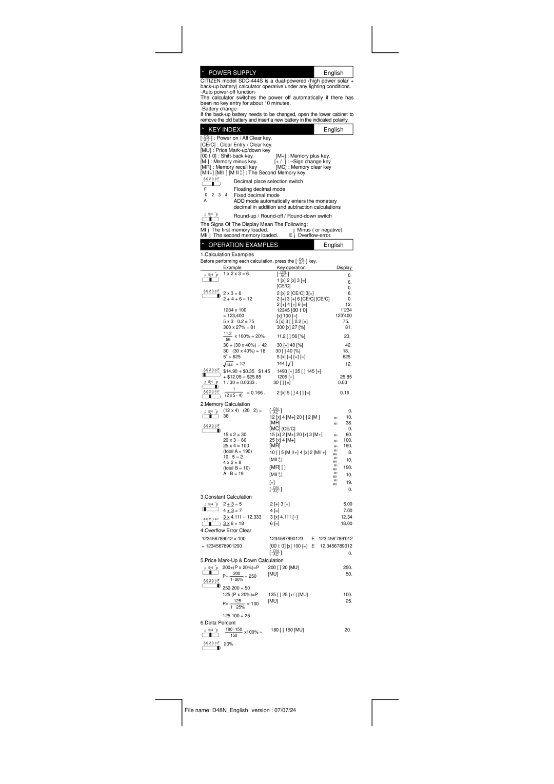 Citizen SDC-444S manual Power Supply, KEY Index, English, Operation Examples 