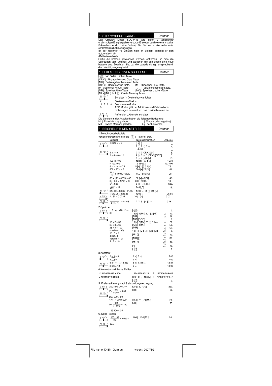 Citizen SDC-444S manual Stromversorgung, Deutsch, Beispiel FÜR DEN bETRIEB 