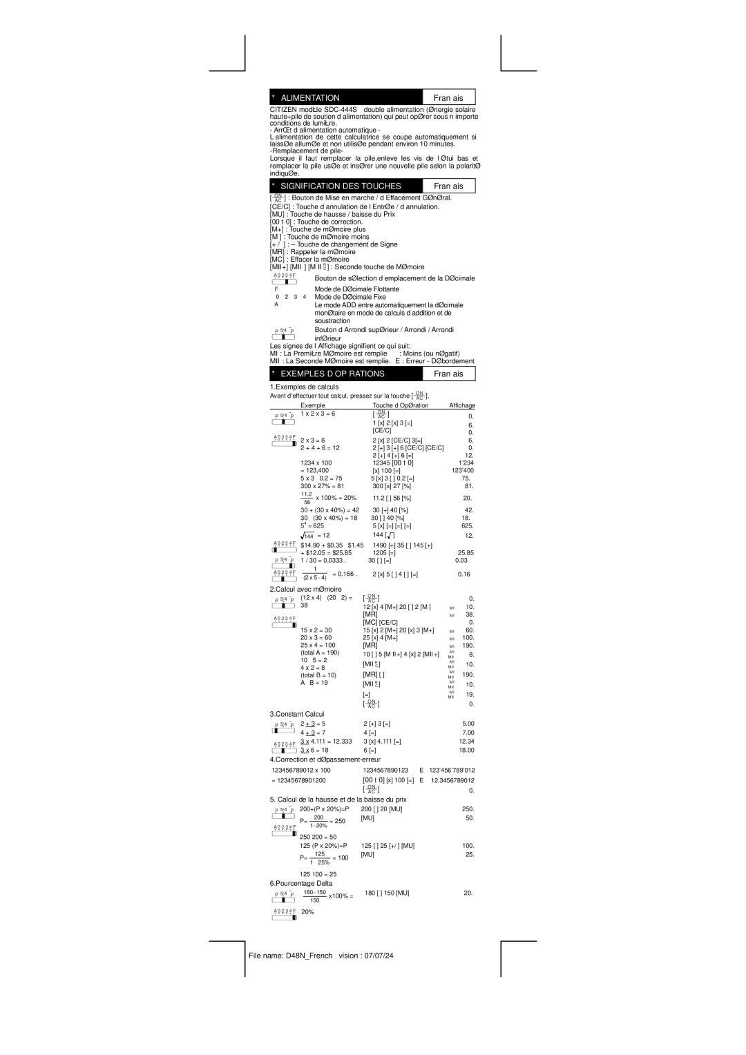 Citizen SDC-444S manual Alimentation, Signification DES Touches, Exemples D’OPÉRATIONS, Français 