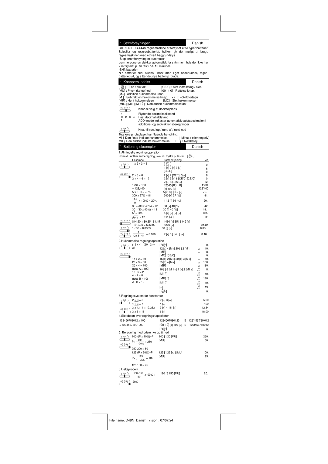 Citizen SDC-444S manual Strømforsyningen, Knappers indeks, Danish, Betjening eksempler 