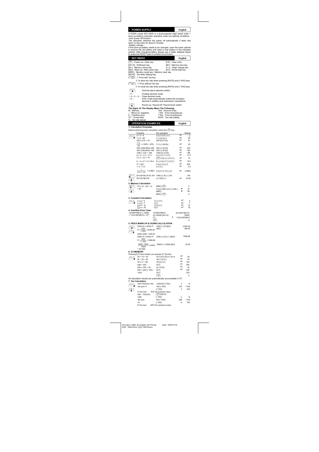 Citizen SDC-620II, sdc-620II manual Power Supply, English, KEY Index, Operation Examples 