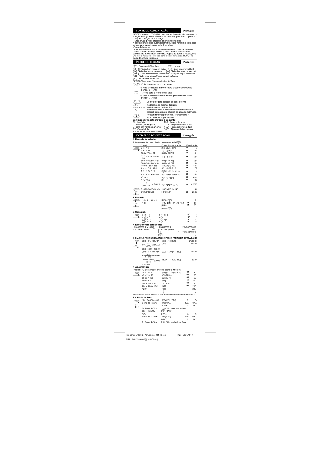 Citizen SDC-620II, sdc-620II manual Fonte DE Alimentacão, Português, Índice DE Teclas, Exemplos DE Operacão 