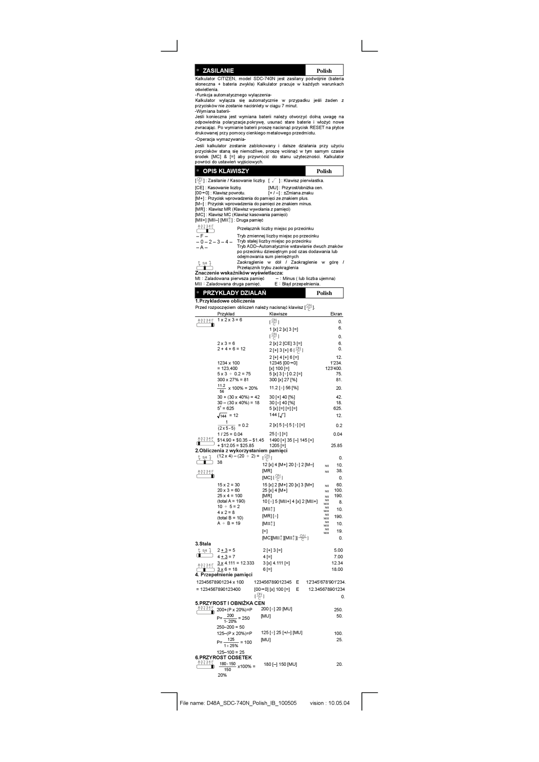 Citizen Zasilanie, Opis Klawiszy, Przyklady Dzialań, File name D48ASDC-740NPolishIB100505, Przykladowe obliczenia 