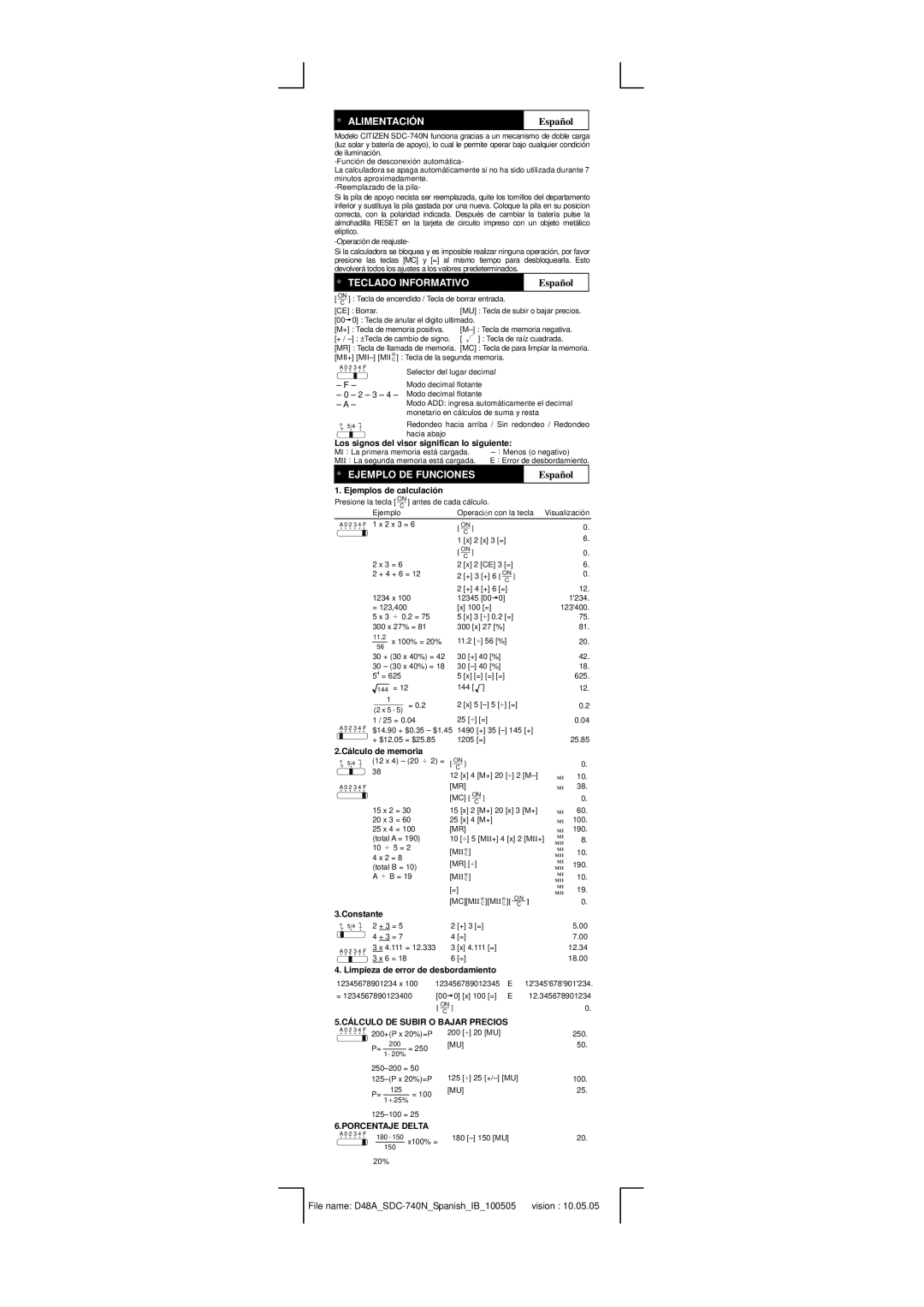 Citizen SDC-740N Alimentación, Español, Teclado Informativo, Ejemplo De Funciones, Ejemplos de calculación, Constante 