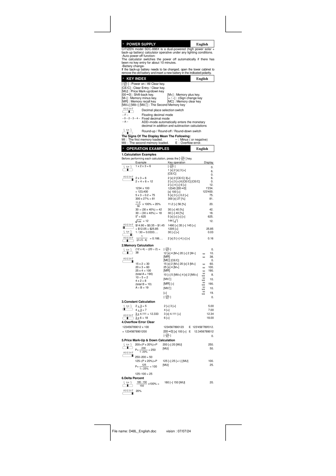 Citizen SDC-888X manual Power Supply, KEY Index, English, Operation Examples 