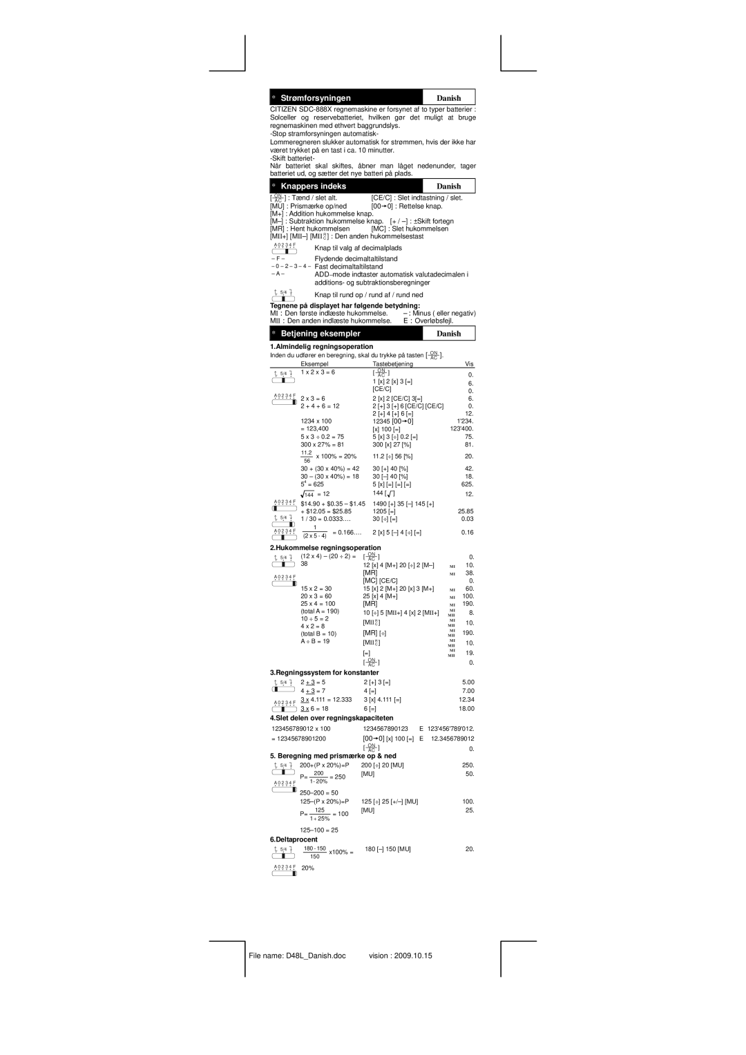 Citizen SDC-888X manual Strømforsyningen, Danish, Knappers indeks, Betjening eksempler 