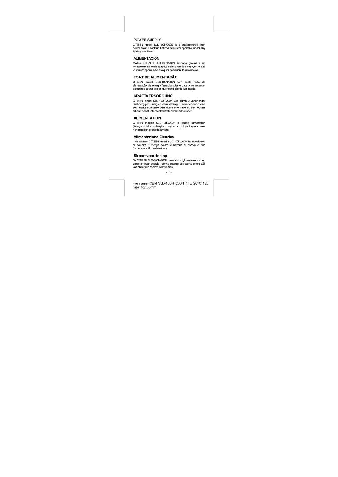 Citizen SLD-100N, SLD-200N Font DE Alimentacão, Kraftversorgung, Alimentation, Alimentzzione Elettrica, Stroomvoorziening 