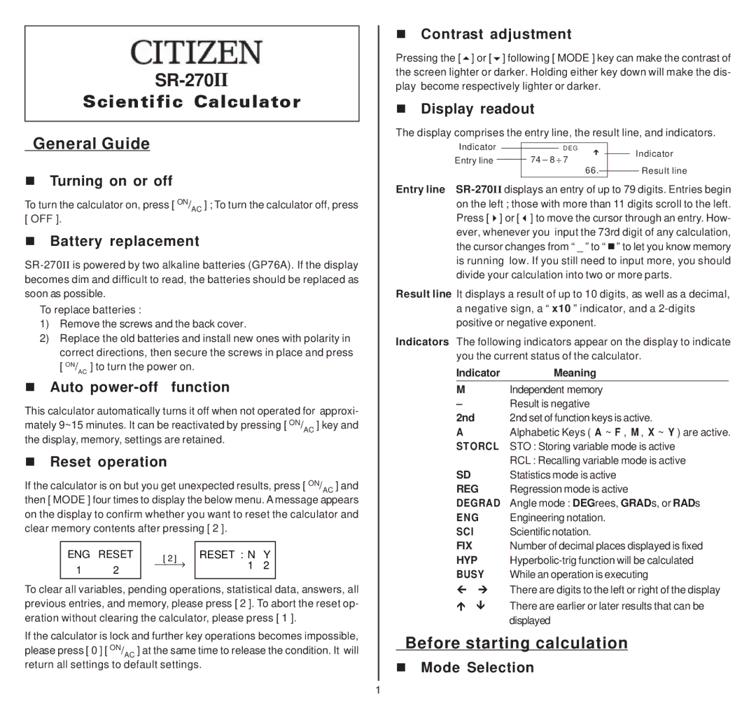 Citizen SR-270II manual General Guide, Before starting calculation 