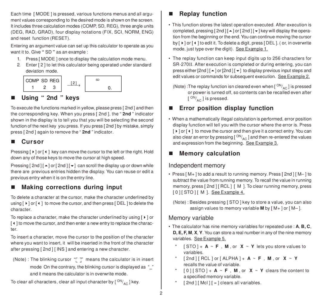 Citizen SR-270II Using 2nd keys, Cursor, Making corrections during input, Replay function, Error position display function 