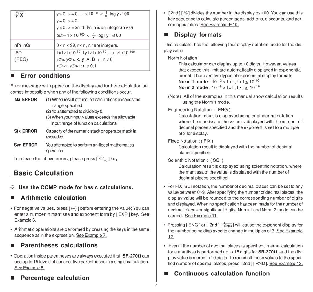 Citizen SR-270II manual Basic Calculation 