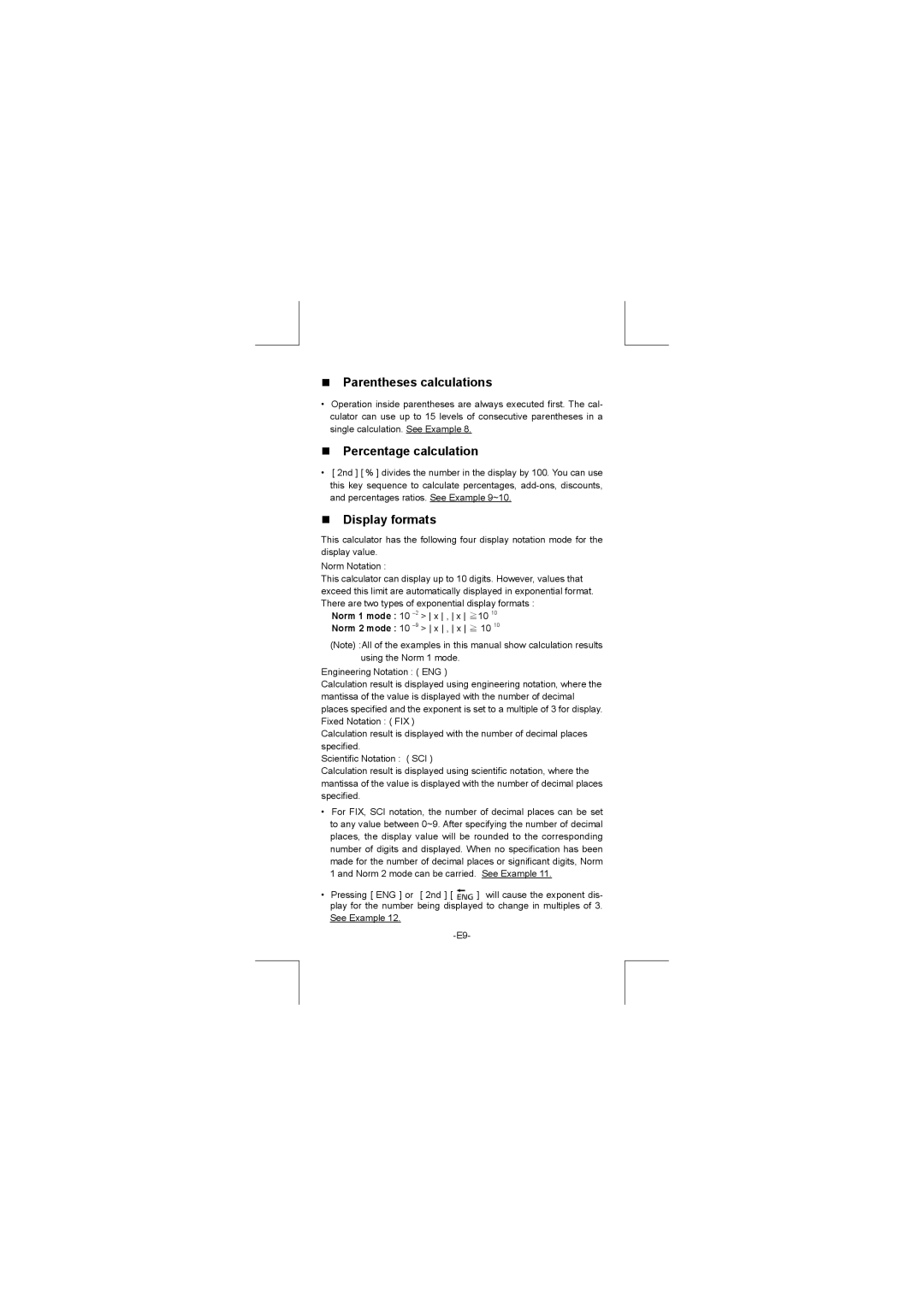 Citizen SR-270N manual Parentheses calculations, Percentage calculation, Display formats 