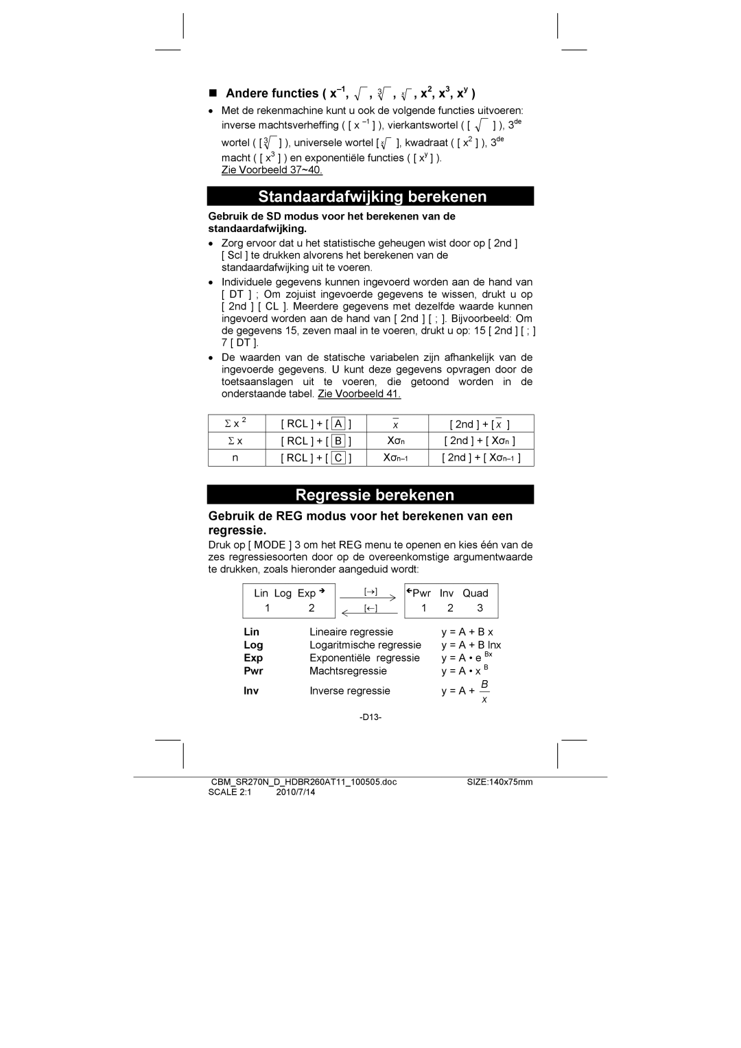 Citizen SR-270N manual Standaardafwijking berekenen, Regressie berekenen, „ Andere functies x-1, , 3 , x , x2, x3, xy 