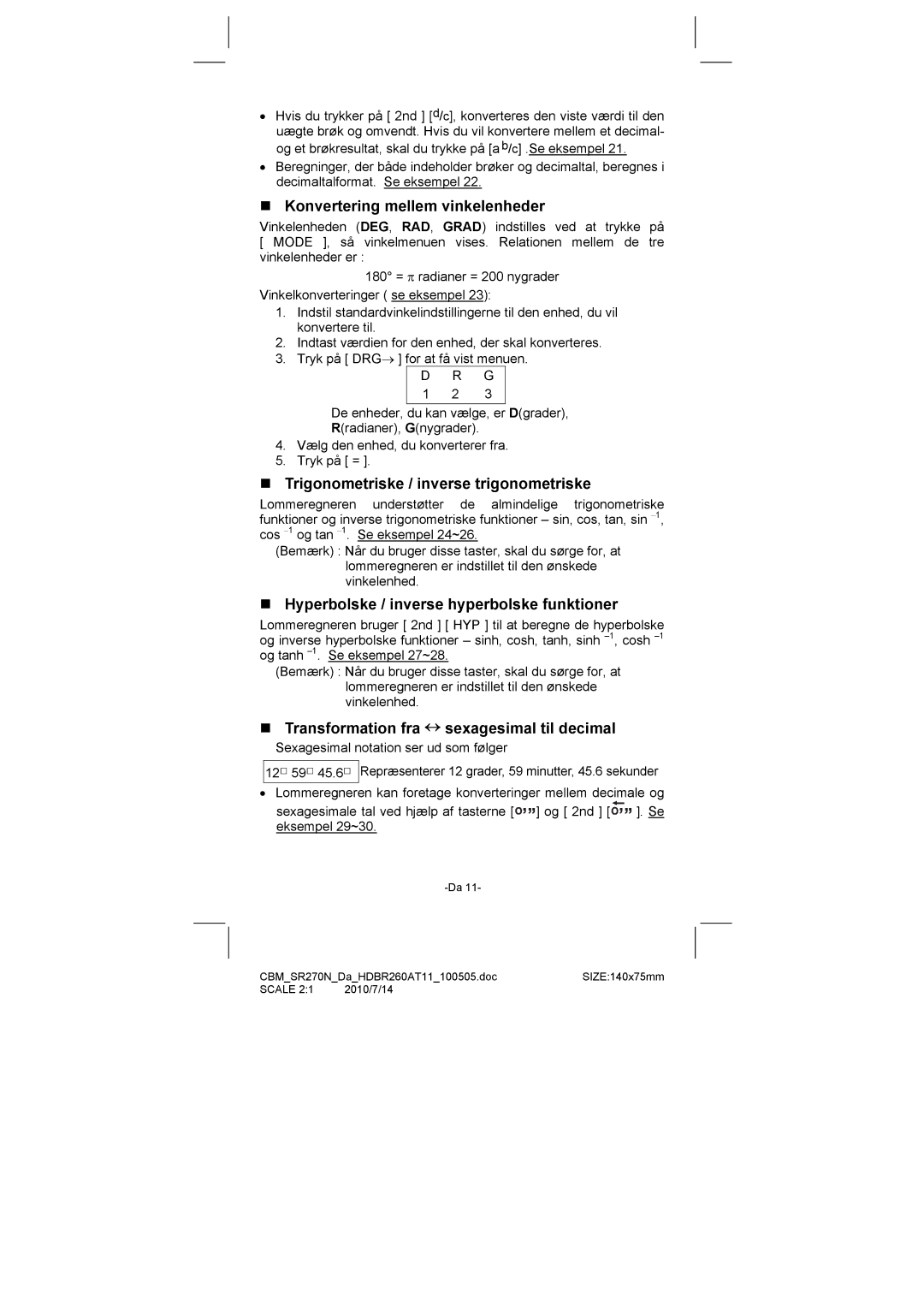 Citizen SR-270N manual „ Konvertering mellem vinkelenheder, „ Trigonometriske / inverse trigonometriske 