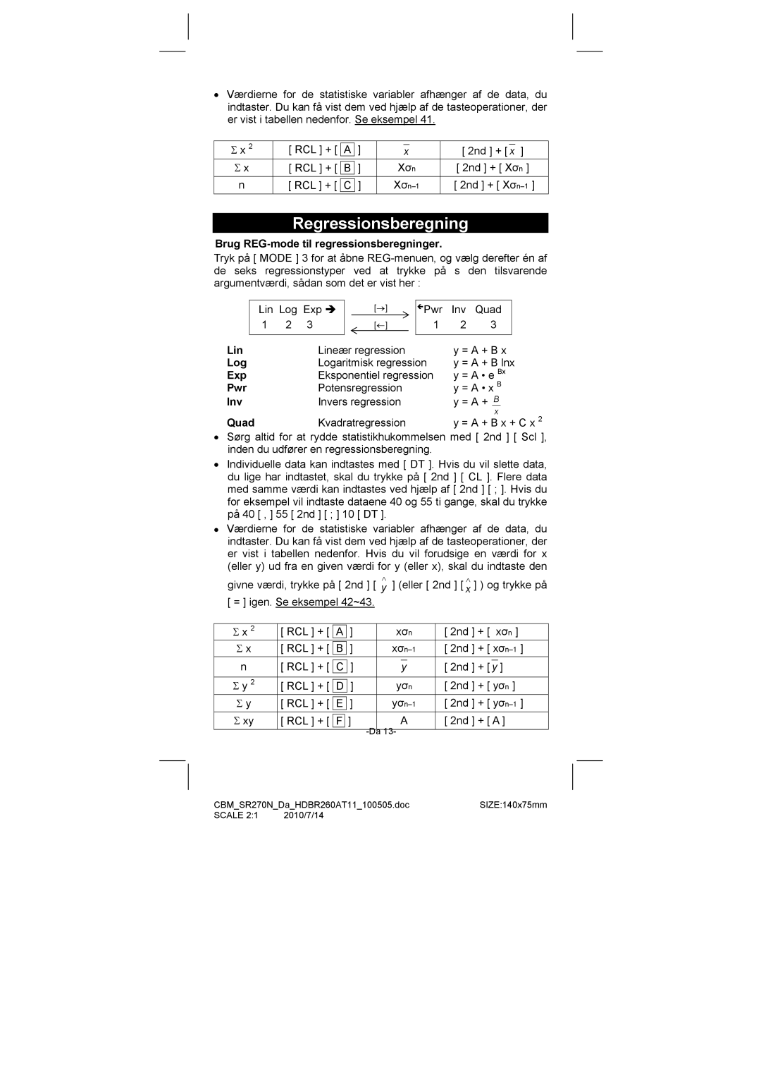 Citizen SR-270N manual Regressionsberegning, Brug REG-mode til regressionsberegninger 