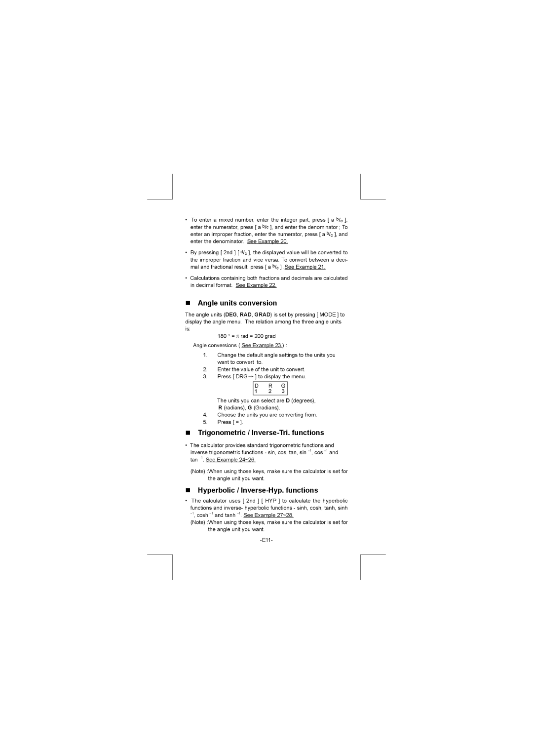 Citizen SR-270N manual Angle units conversion, Trigonometric / Inverse-Tri. functions, Hyperbolic / Inverse-Hyp. functions 