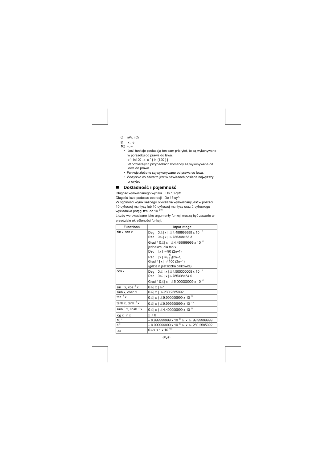 Citizen SR-270N manual Dokładność i pojemność, Functions Input range 