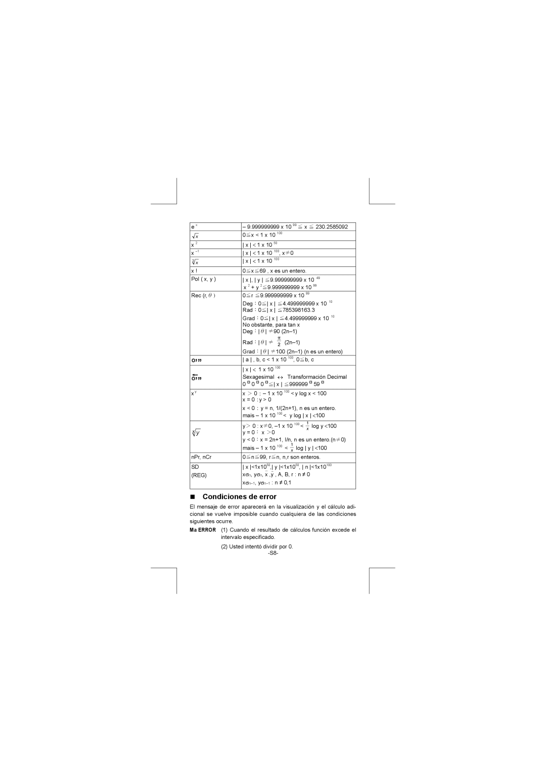 Citizen SR-270N manual Condiciones de error 