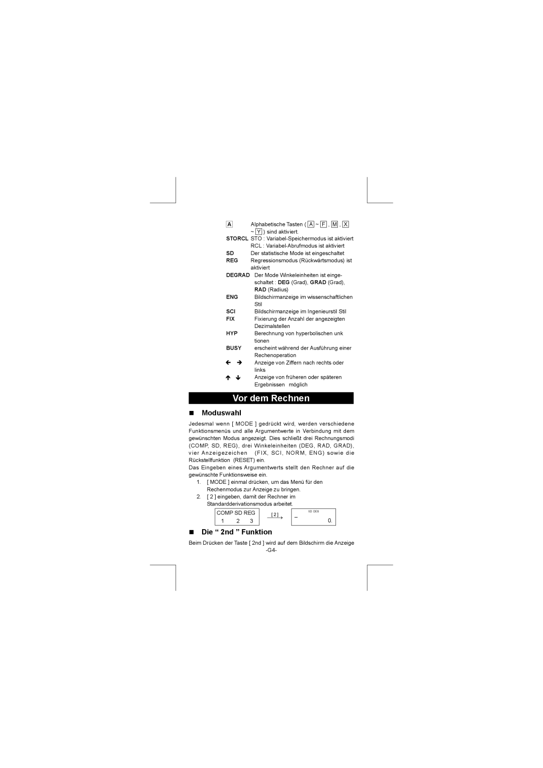 Citizen SR-270N manual Vor dem Rechnen, Moduswahl, Die 2nd Funktion 