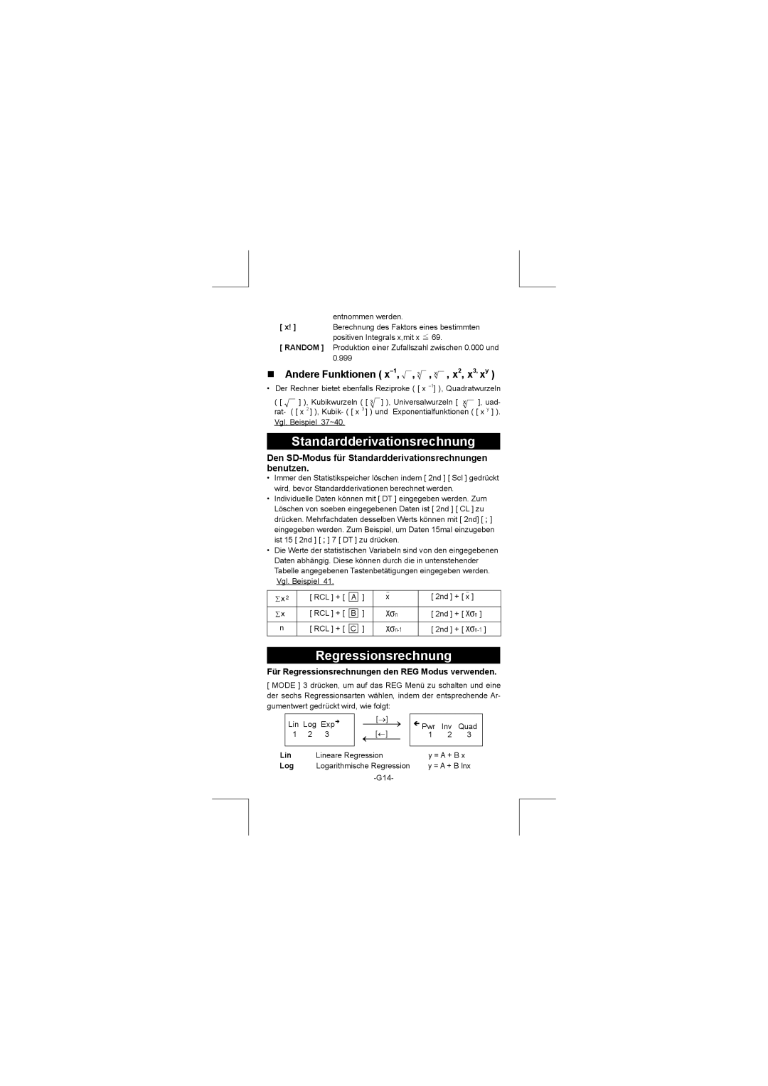 Citizen SR-270N manual Standardderivationsrechnung, Regressionsrechnung, Andere Funktionen x-1, , , , x2, x3, xy 