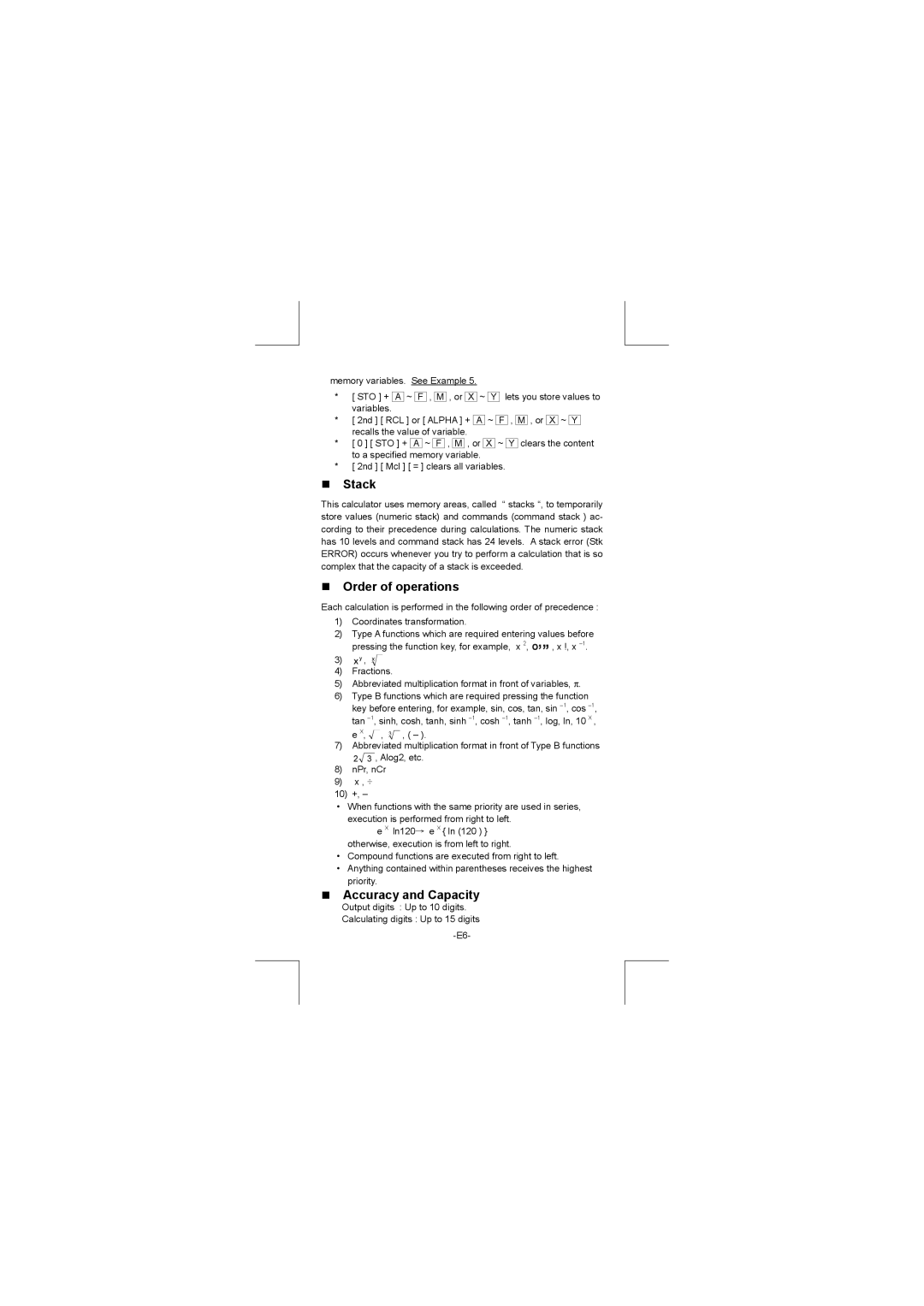 Citizen SR-270N manual Stack, Order of operations, Accuracy and Capacity 