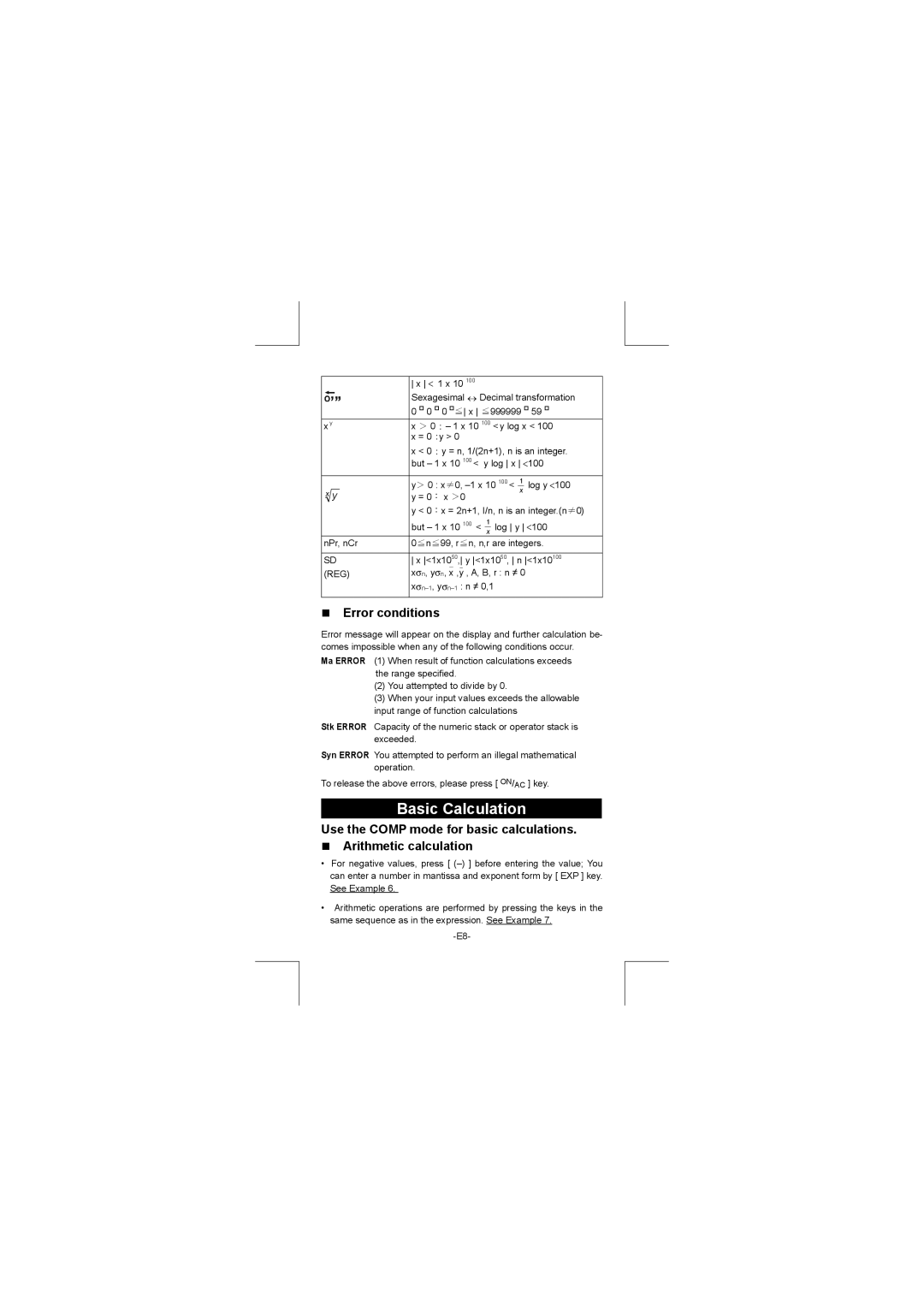 Citizen SR-270N manual Basic Calculation, Error conditions 