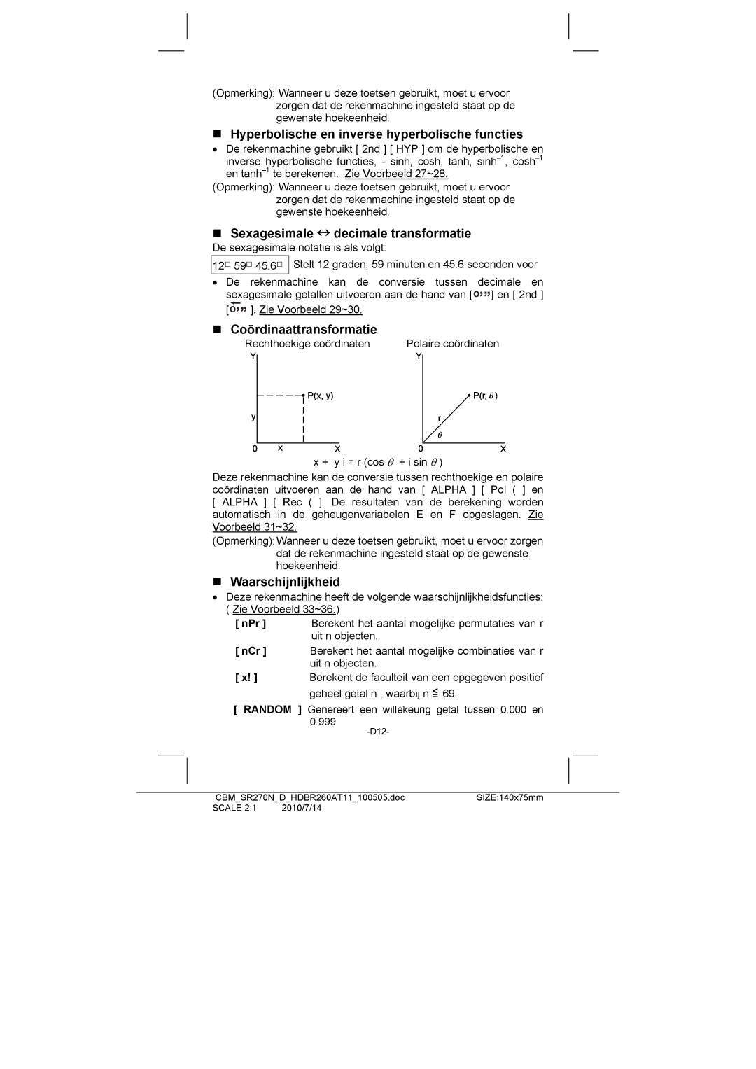 Citizen SR-270N manual „ Hyperbolische en inverse hyperbolische functies, „ Sexagesimale ↔ decimale transformatie 