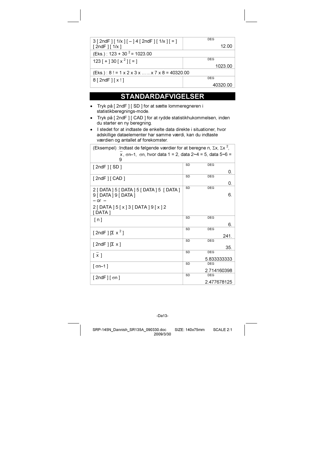 Citizen SRP-145N manual Standardafvigelser 