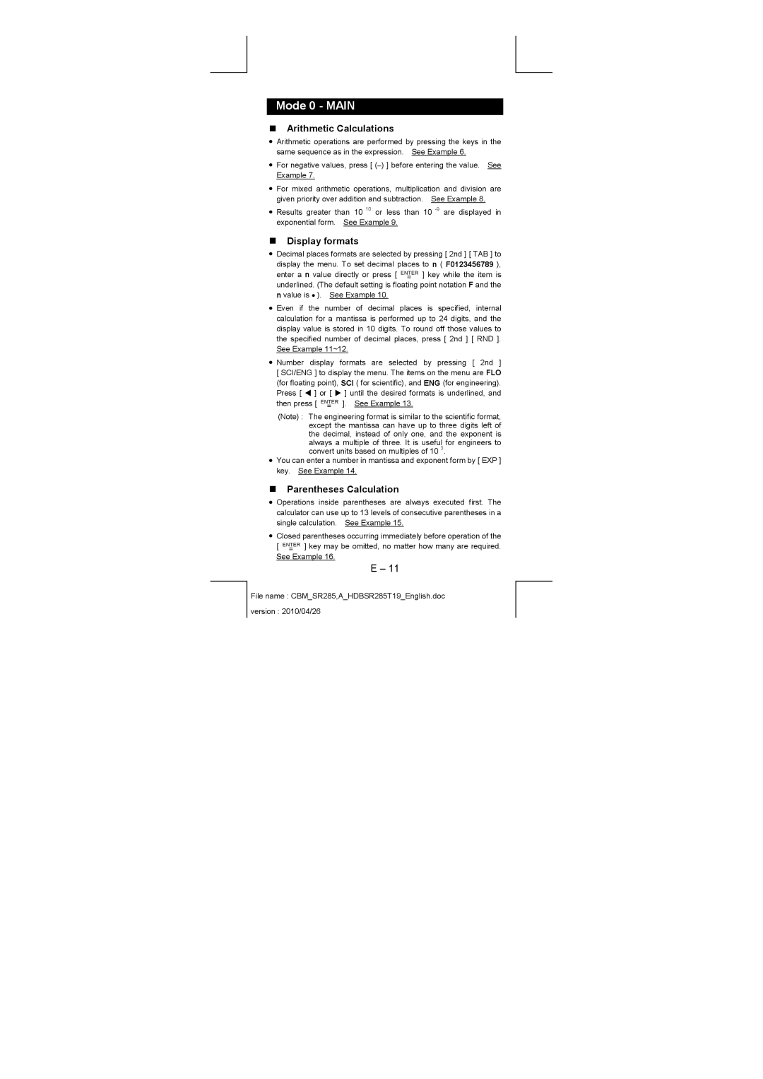 Citizen SRP-280N/SRP-285N manual Mode 0 Main, „ Arithmetic Calculations, „ Display formats, „ Parentheses Calculation 