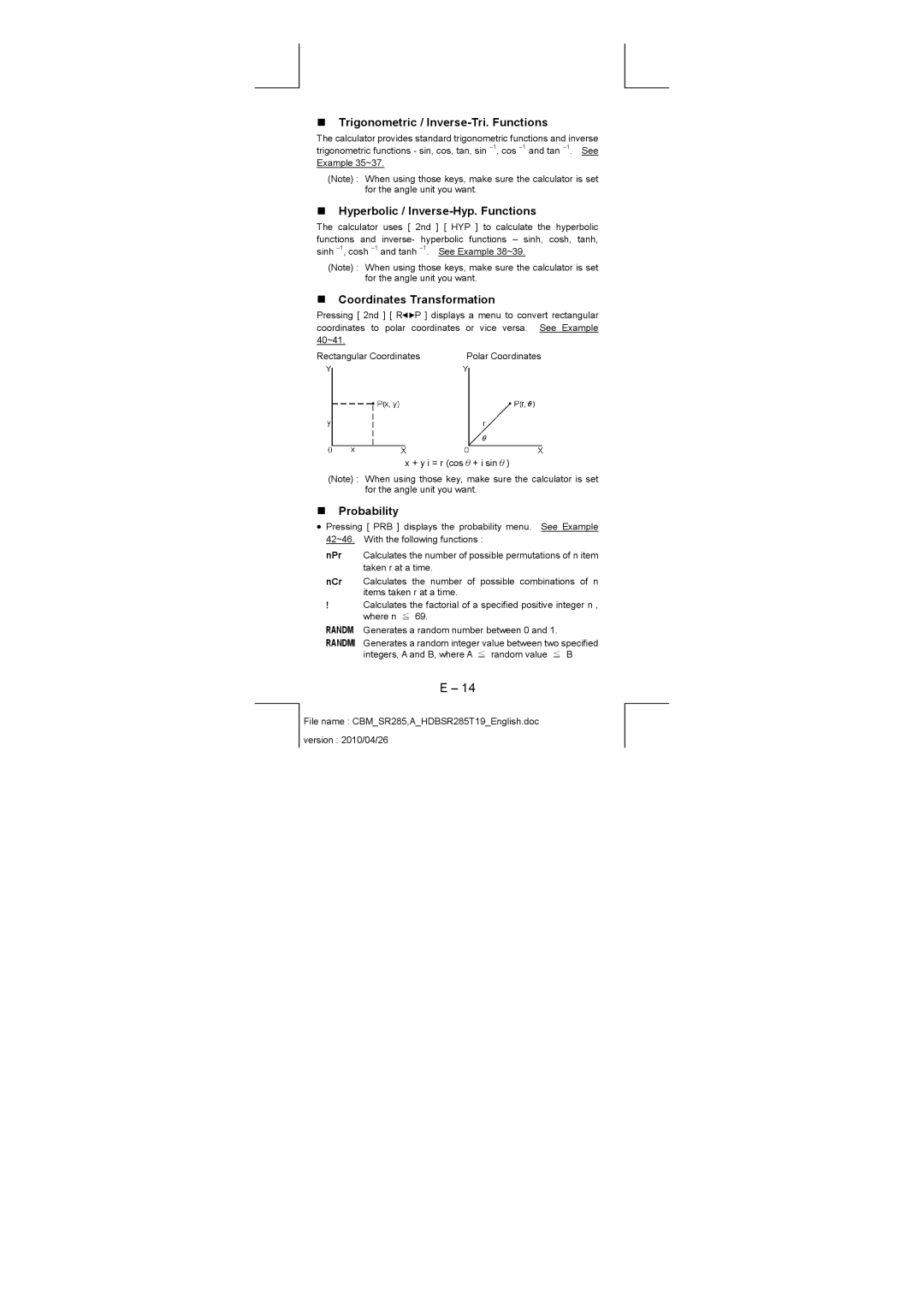 Citizen SRP-280N manual „ Trigonometric / Inverse-Tri. Functions, „ Hyperbolic / Inverse-Hyp. Functions, „ Probability 