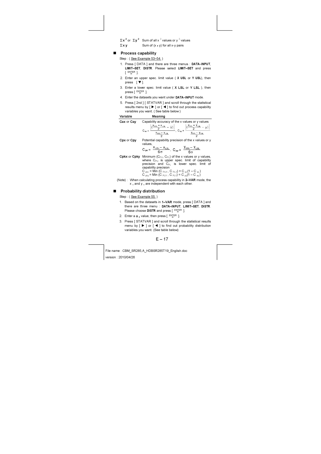 Citizen SRP-280N/SRP-285N manual „ Process capability, „ Probability distribution, Σx 2 or Σy, Σx y 