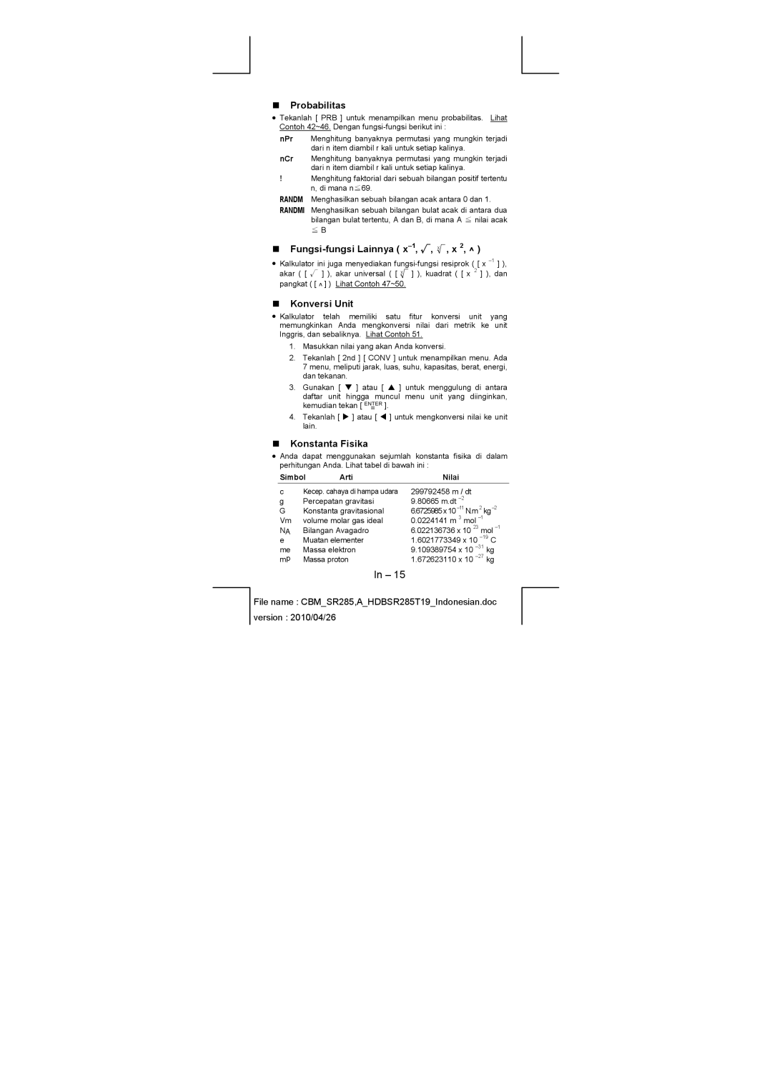 Citizen SRP-280N/SRP-285N manual „ Probabilitas, „ Fungsi-fungsi Lainnya x-1, √, X , x, „ Konversi Unit, „ Konstanta Fisika 