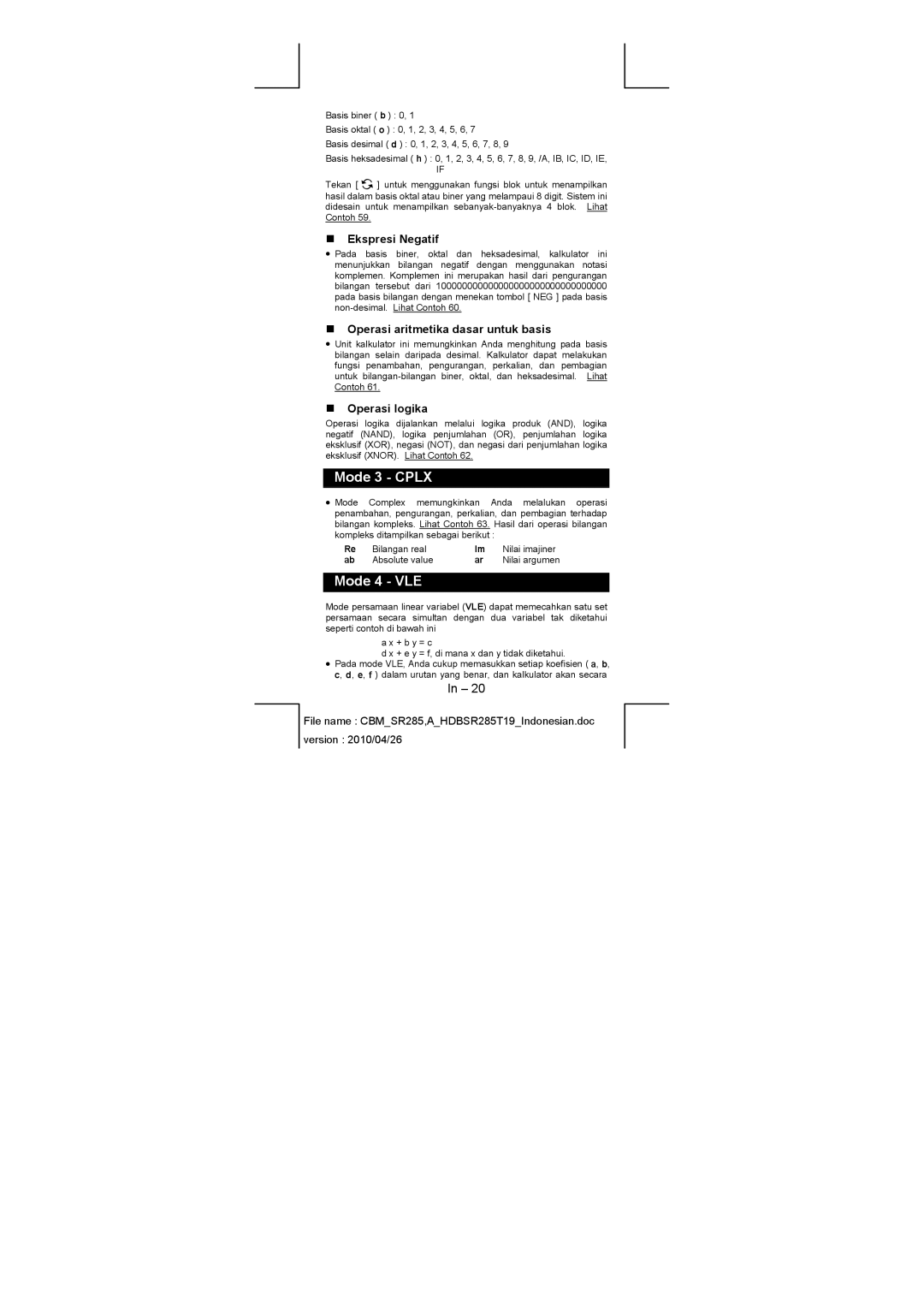 Citizen SRP-280N/SRP-285N manual „ Ekspresi Negatif, „ Operasi aritmetika dasar untuk basis, „ Operasi logika 