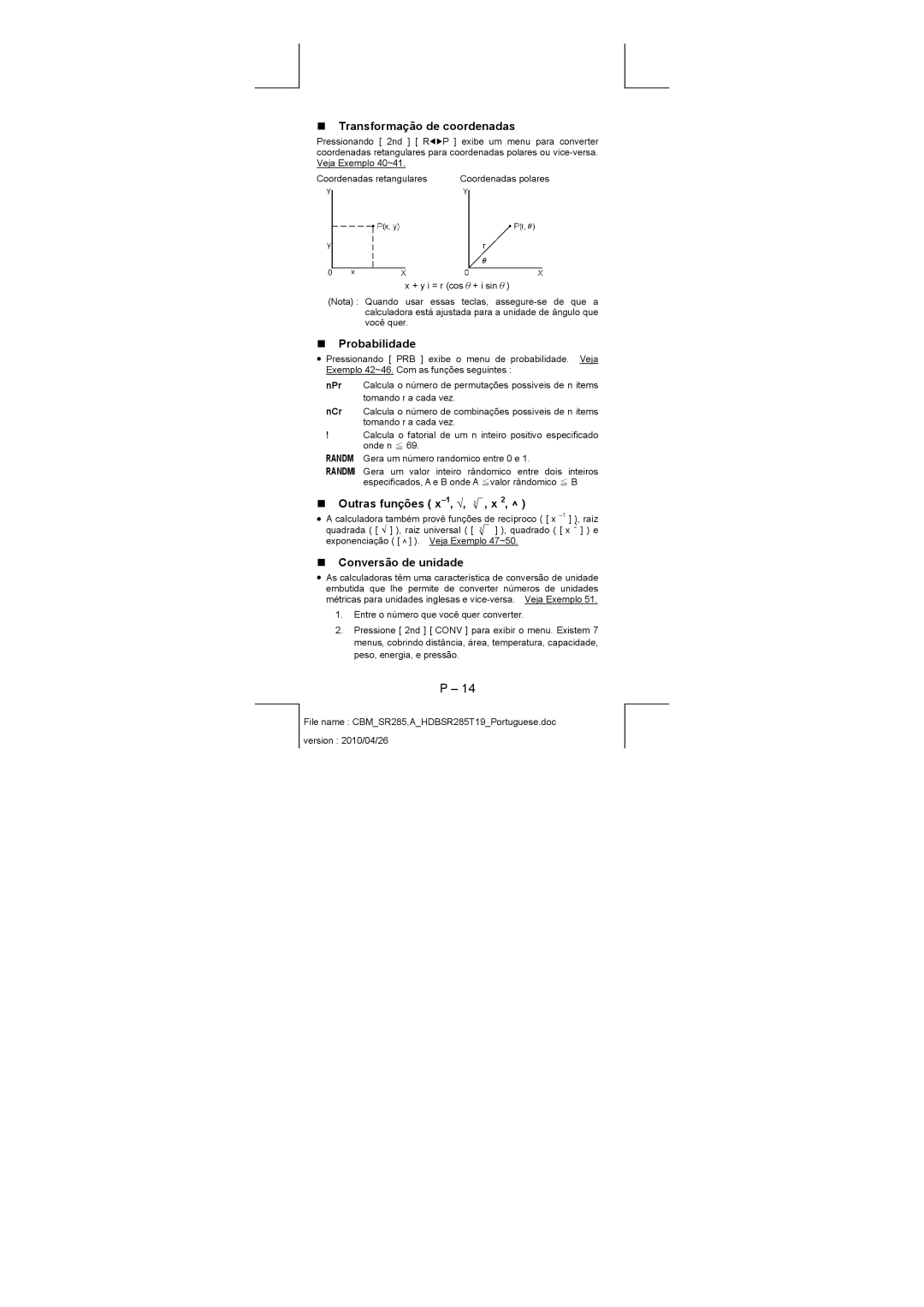 Citizen SRP-280N „ Transformação de coordenadas, „ Probabilidade, „ Outras funções x-1, √, X , x, „ Conversão de unidade 