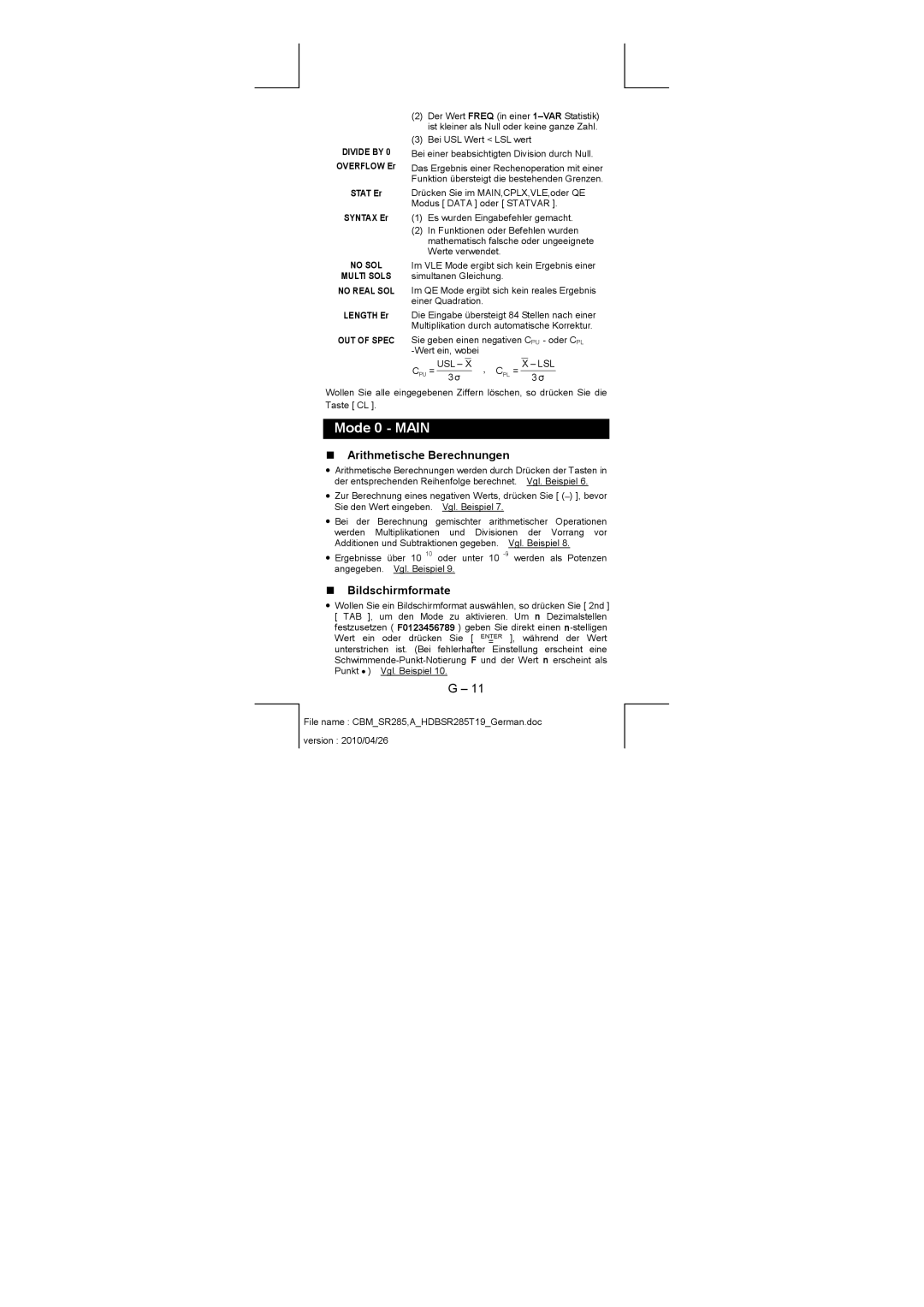 Citizen SRP-280N/SRP-285N „ Arithmetische Berechnungen, „ Bildschirmformate, Overflow Er Stat Er Syntax Er, Length Er 