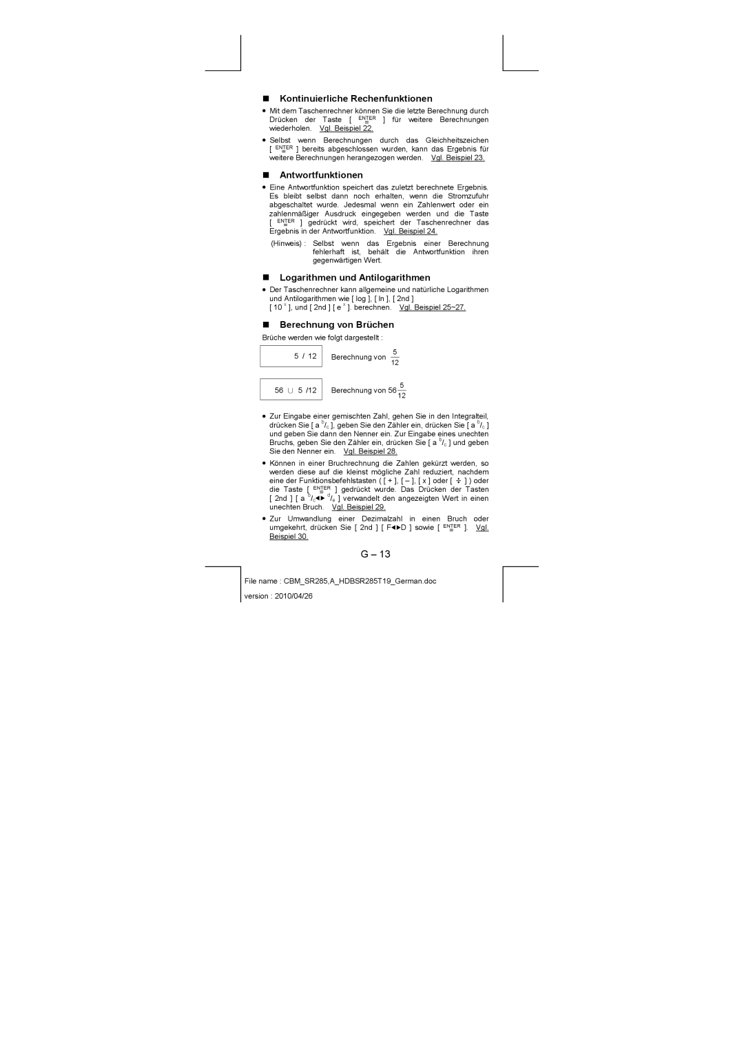 Citizen SRP-280N/SRP-285N manual „ Kontinuierliche Rechenfunktionen, „ Antwortfunktionen, „ Logarithmen und Antilogarithmen 