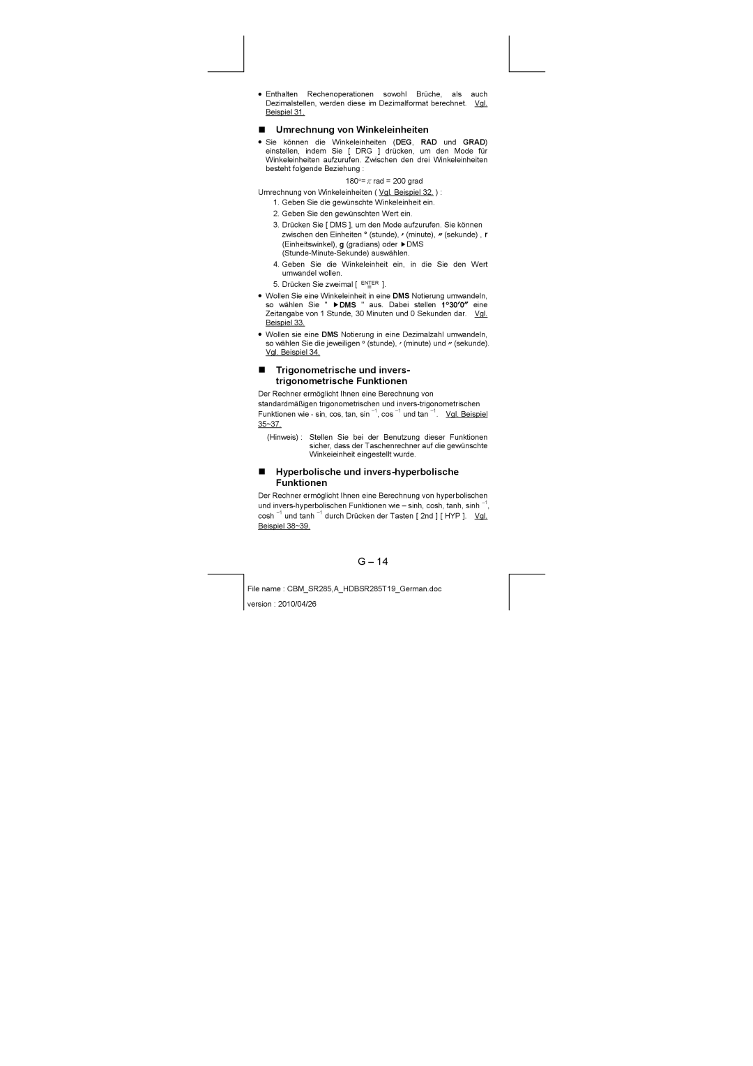 Citizen SRP-280N manual „ Umrechnung von Winkeleinheiten, „ Trigonometrische und invers- trigonometrische Funktionen 