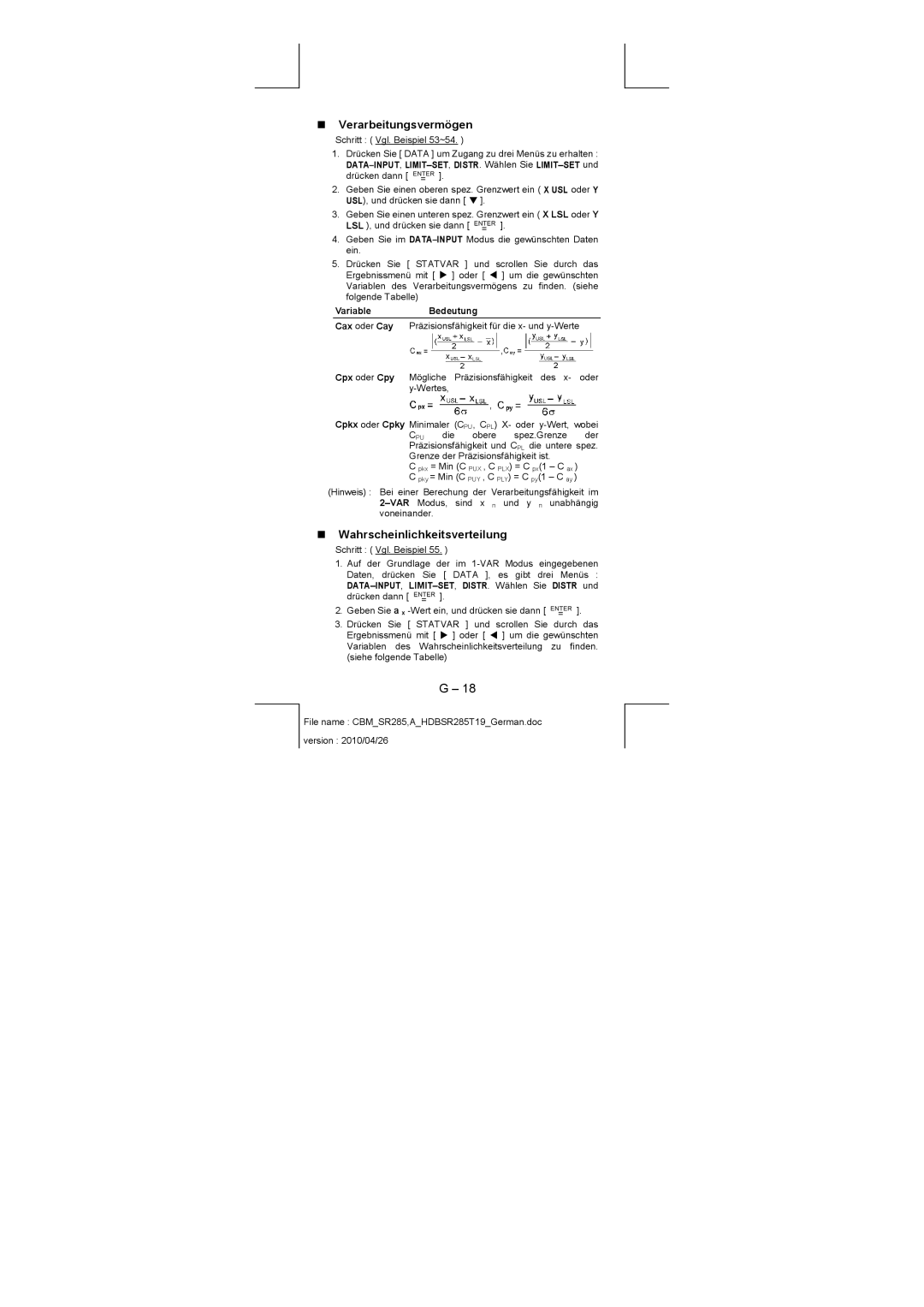 Citizen SRP-280N „ Verarbeitungsvermögen, „ Wahrscheinlichkeitsverteilung, Variable Bedeutung Cax oder Cay, Cpx oder Cpy 