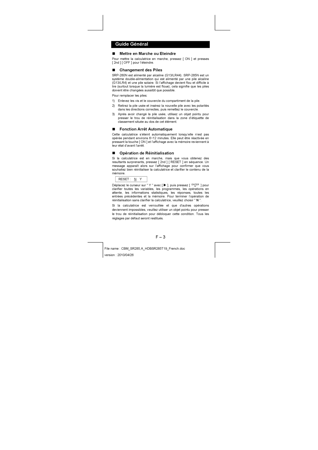 Citizen SRP-280N manual Guide Général, „ Mettre en Marche ou Eteindre, „ Changement des Piles, „ Fonction Arrêt Automatique 