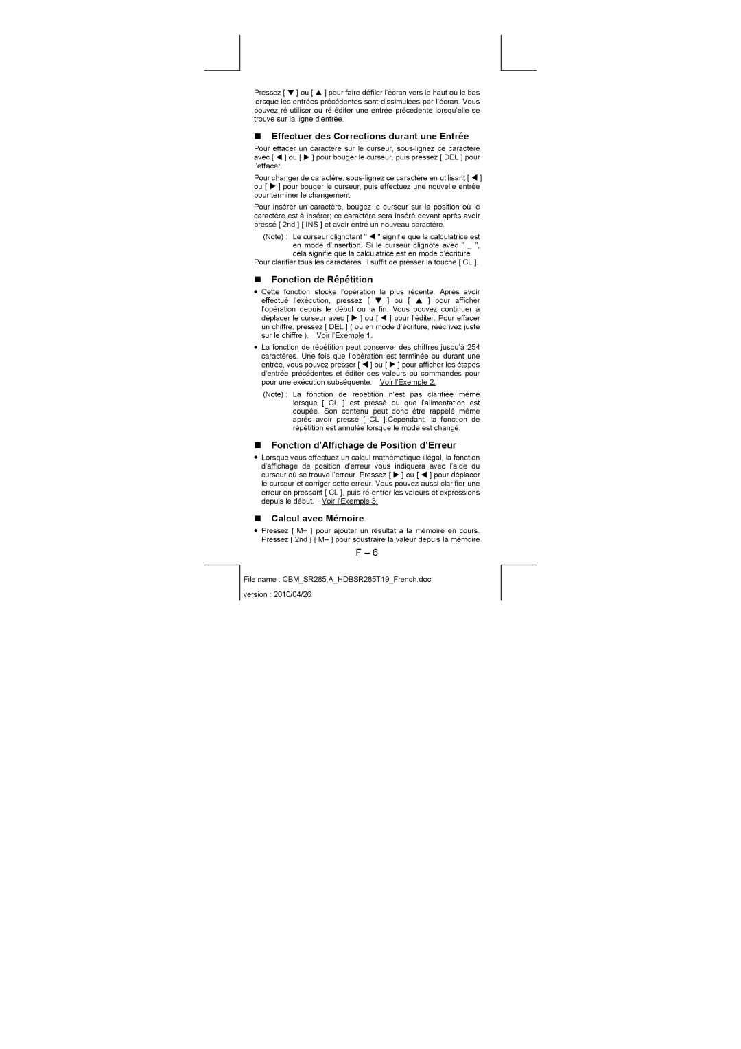 Citizen SRP-280N/SRP-285N „ Effectuer des Corrections durant une Entrée, „ Fonction de Répétition, „ Calcul avec Mémoire 