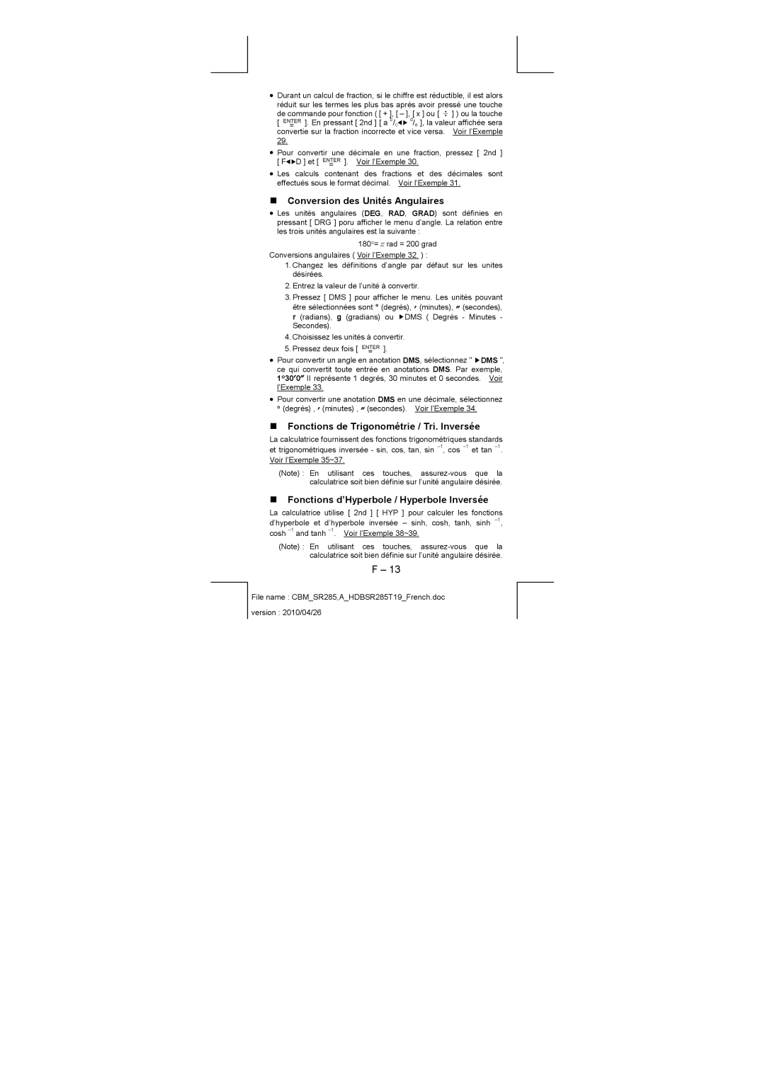 Citizen SRP-280N/SRP-285N manual „ Conversion des Unités Angulaires, „ Fonctions de Trigonométrie / Tri. Inversée 