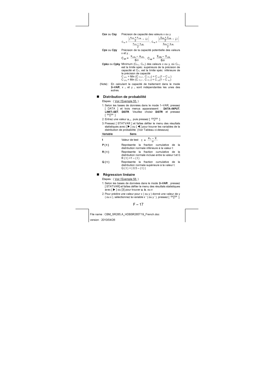 Citizen SRP-280N/SRP-285N manual „ Distribution de probabilité, „ Régression linéaire 